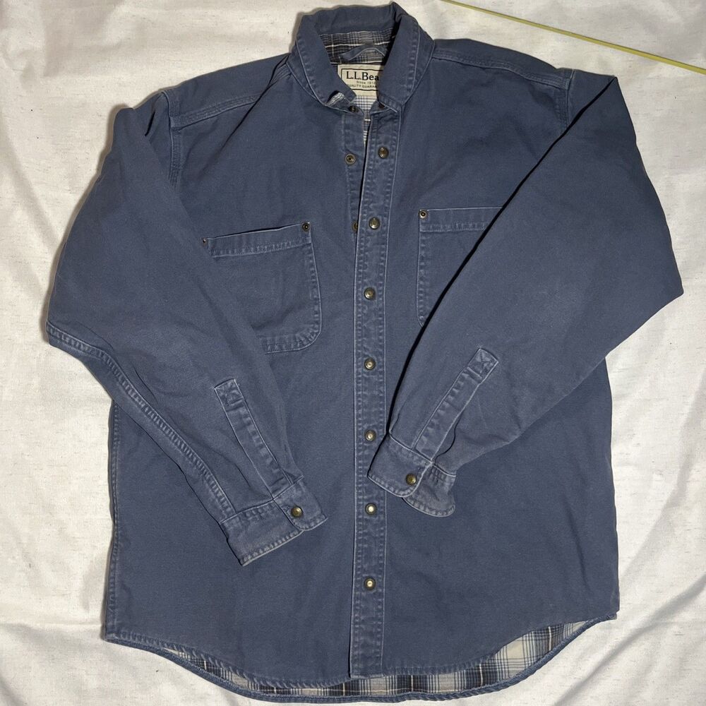 Vintage LL Bean Mens Med Flannel Lined Canvas Barn Coat Blue Snap Front Canada